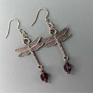 🌵HAND CRAFTED EARRINGS Dragonfly Fire Polished Purple Seed Beads Bling Dangle